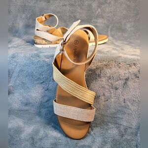 Ophelia Roe Canvas and Cork Wedge Ankle Strap Sandals Sz 9